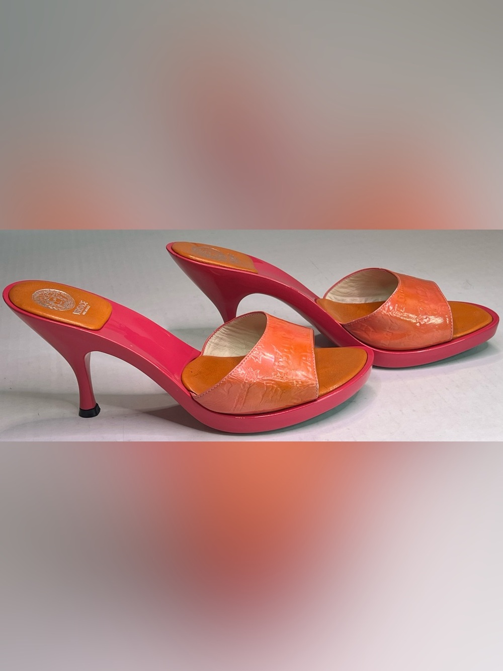 Vintage Versace Medusa Platform Mule Heels Pink Coral Orange Leather Size 39 Y2K - Picture 6 of 12